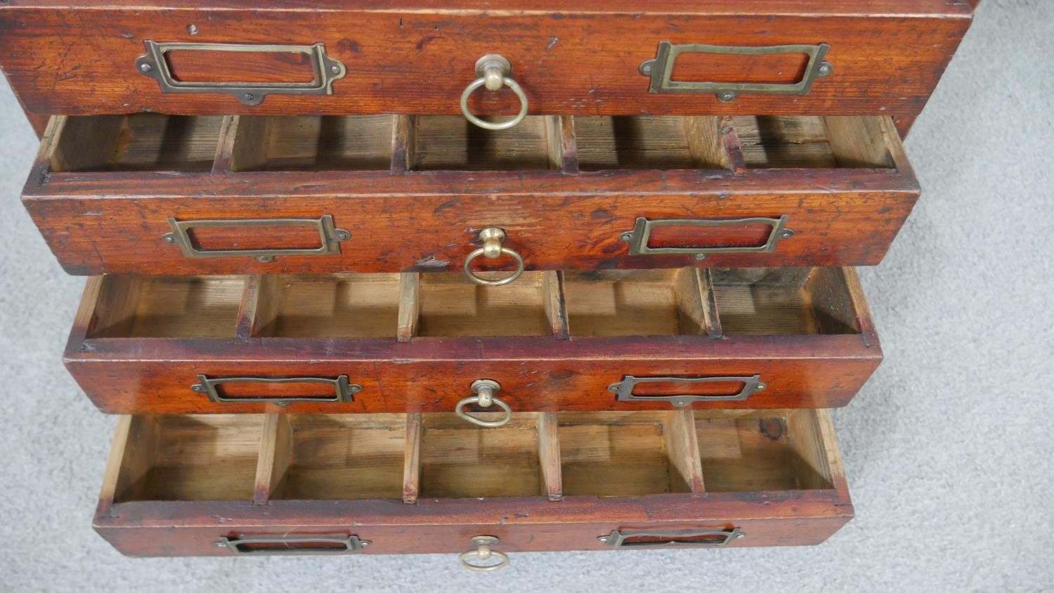 A stained pine collectors cabinet, the six long drawers with brass ring handles and fitted - Image 3 of 4