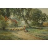 Henry Kinnaird (British, 1880–1920) shepherd and sheep near Fittleworth, Sussex watercolour, signed.