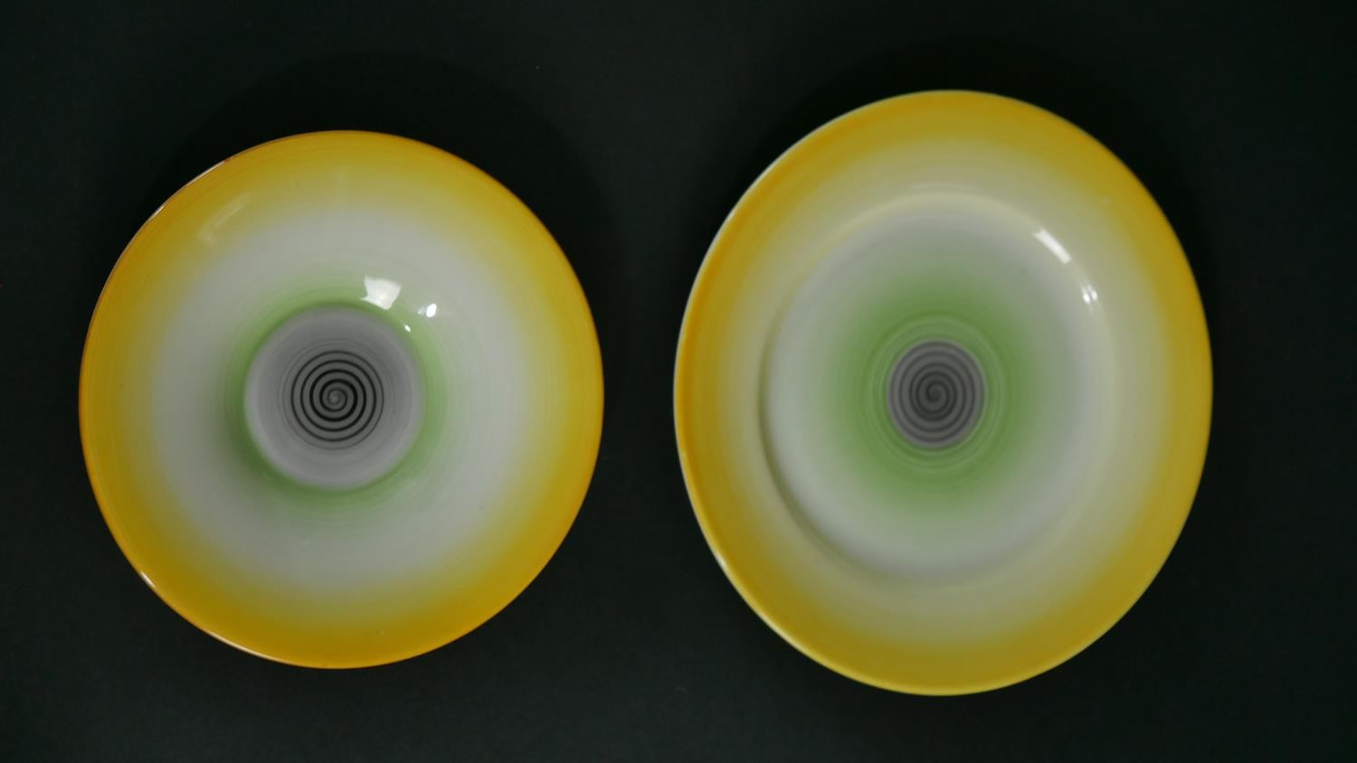 An Art Deco Shelly hand painted green and yellow porcelain tea set for six people. Makers mark to - Image 6 of 8