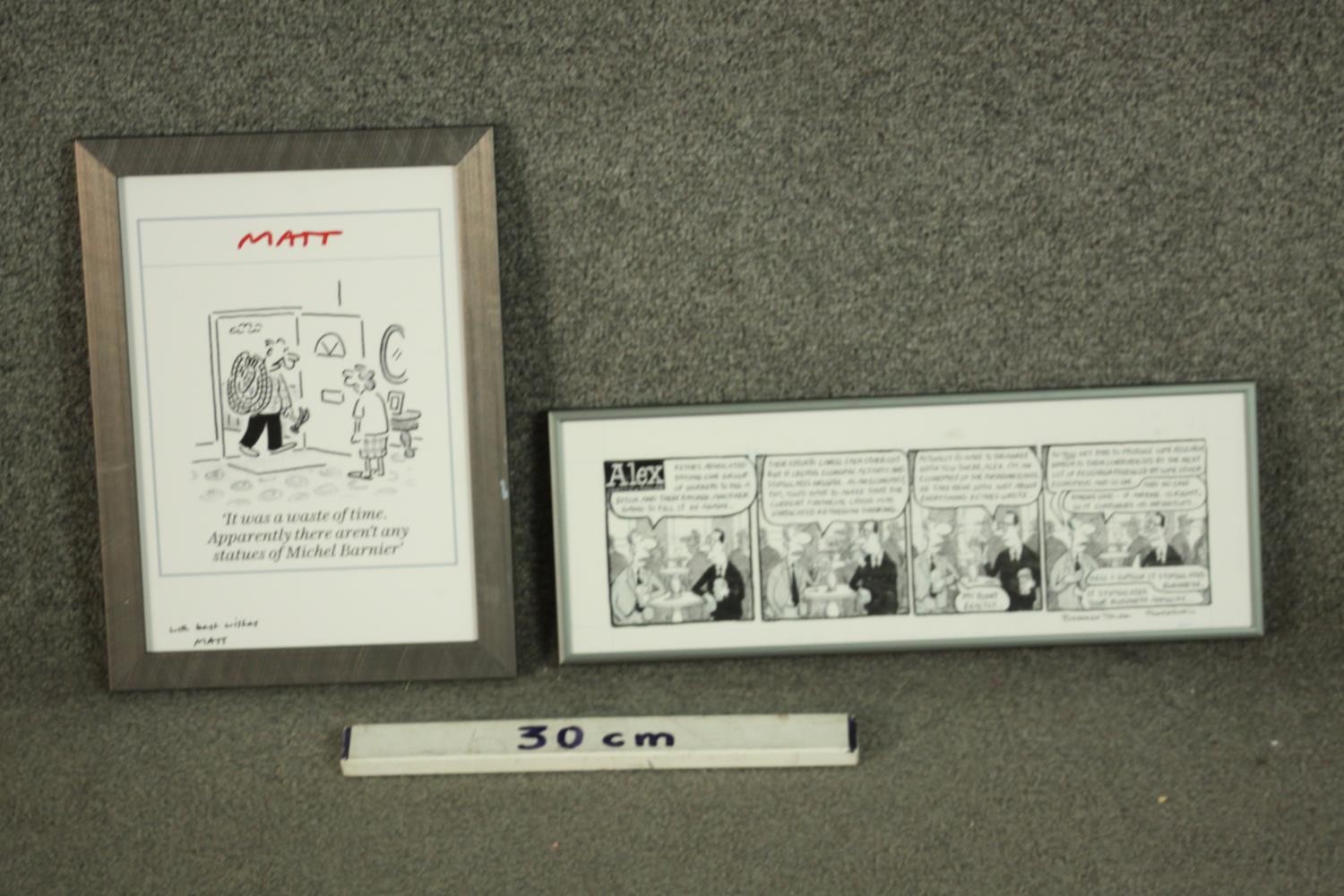 Two framed and glazed cartoon prints, one by Matt, signed and the other a comic strip by Alex. H. - Image 2 of 8