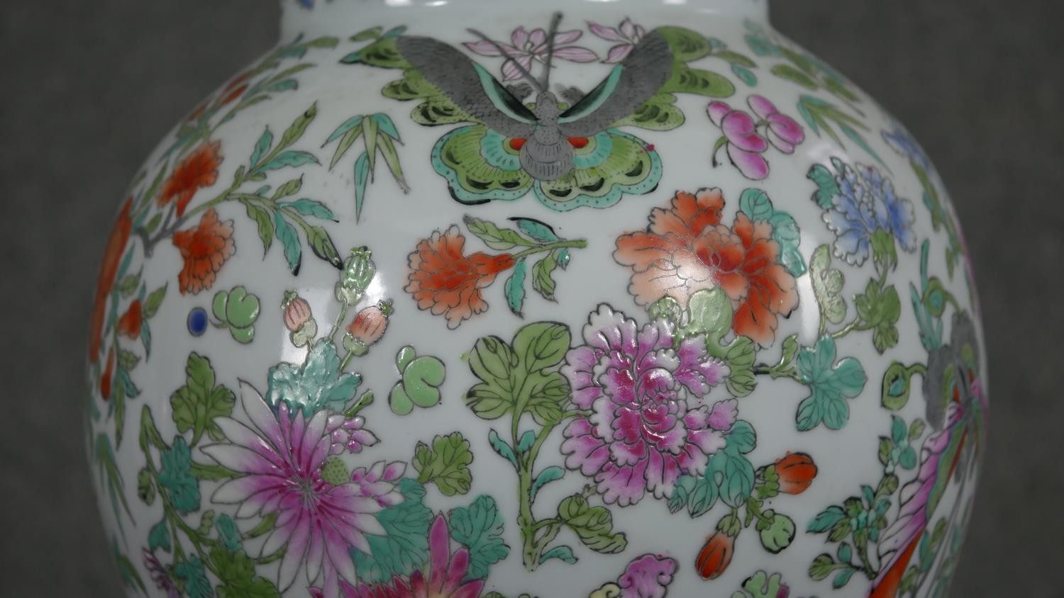 A large Chinese hand painted porcelain Famille Rose lidded jar, decorated with flowers, insects - Image 3 of 12