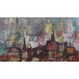 A gold painted moulded framed oil on board of an abstract city scene, St Eau, indistinctly signed