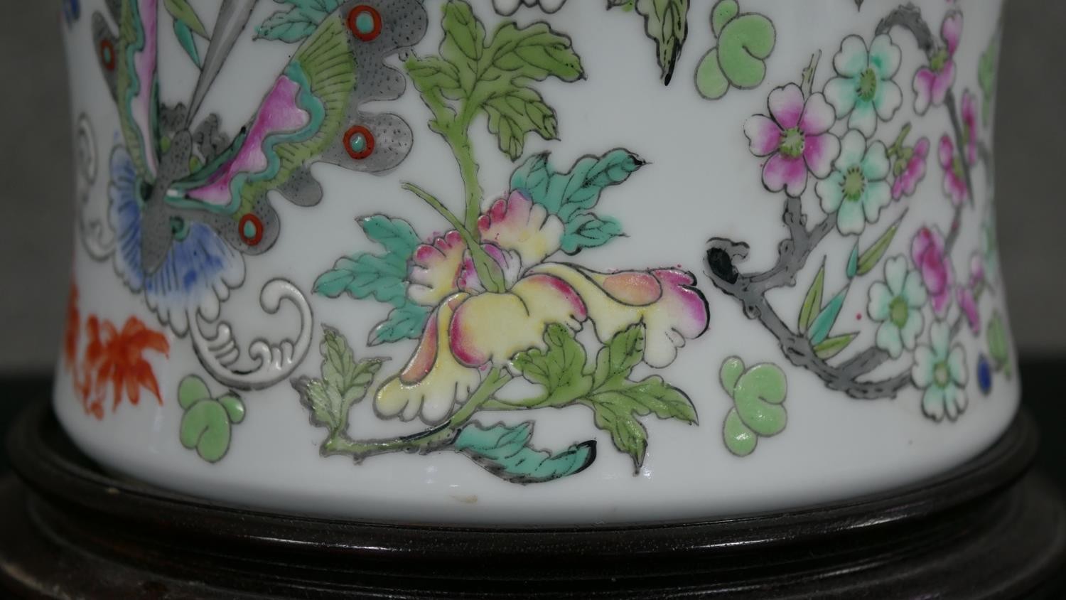 A large Chinese hand painted porcelain Famille Rose lidded jar, decorated with flowers, insects - Image 5 of 12