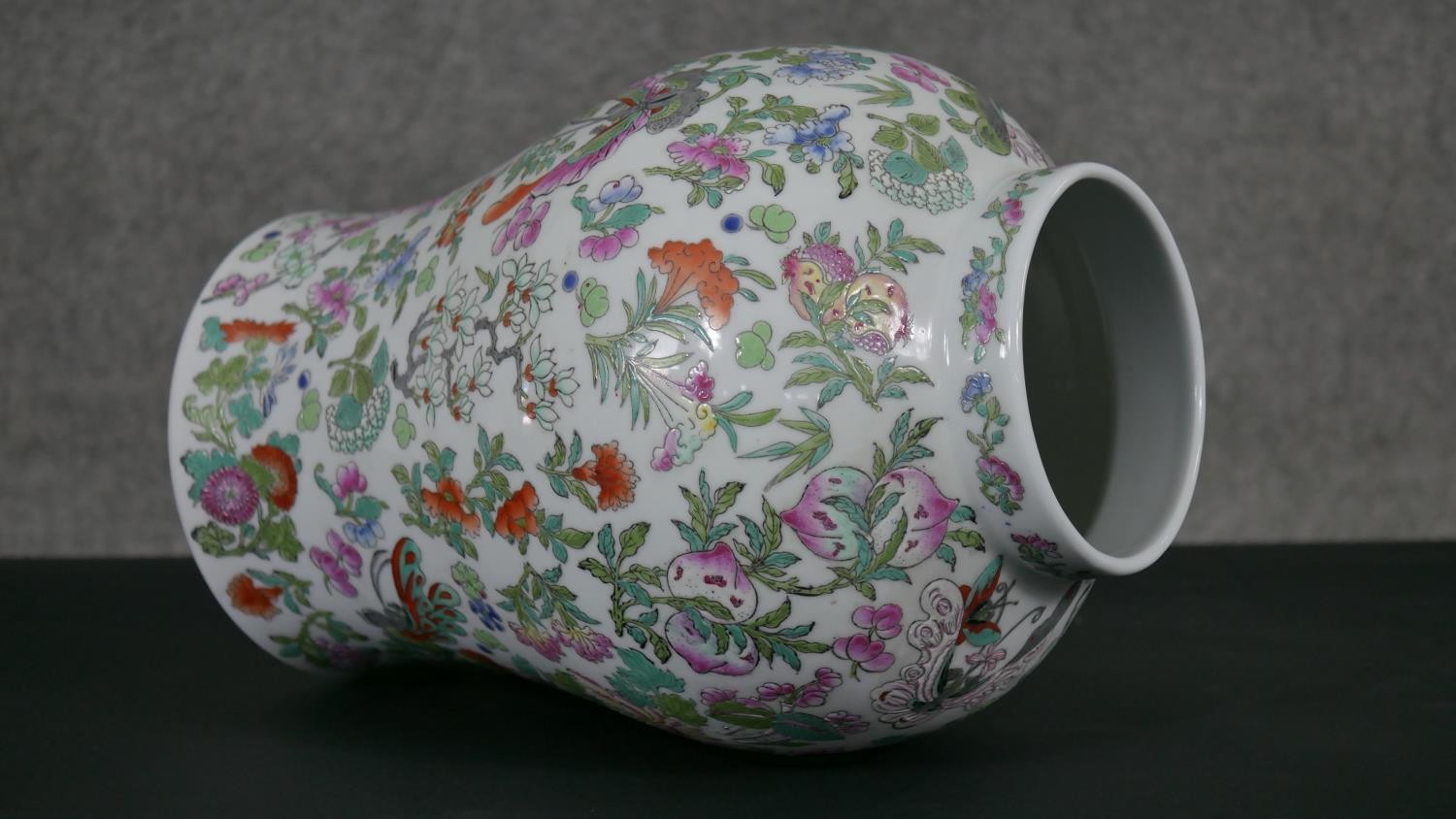 A large Chinese hand painted porcelain Famille Rose lidded jar, decorated with flowers, insects - Image 9 of 12