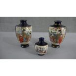 Three Japanese hand painted Satsuma ware vases with Geisha girl design, character marks to base. H.