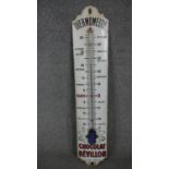 A large vintage enamel advertising thermometer sign for Chocolat Revillon. H.96 W.22cm