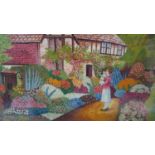 A framed oil on card of a tiled roof Tudor cottage with mother and child. Indistinctly signed and