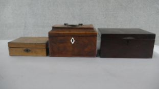 Three boxes, including a Regency mahogany tea caddy with three sections to the interior, a Victorian