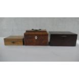 Three boxes, including a Regency mahogany tea caddy with three sections to the interior, a Victorian