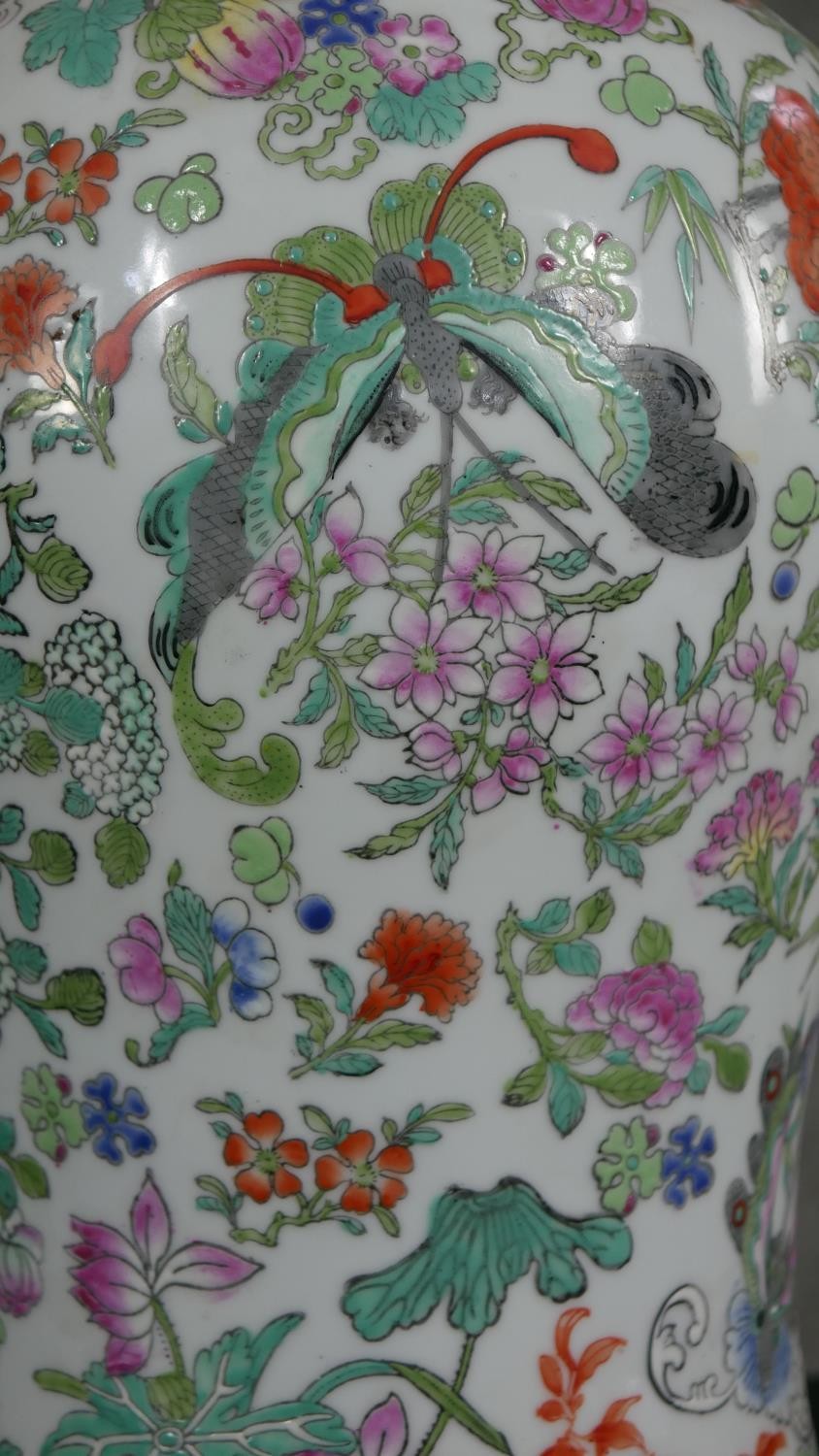A large Chinese hand painted porcelain Famille Rose lidded jar, decorated with flowers, insects - Image 6 of 12