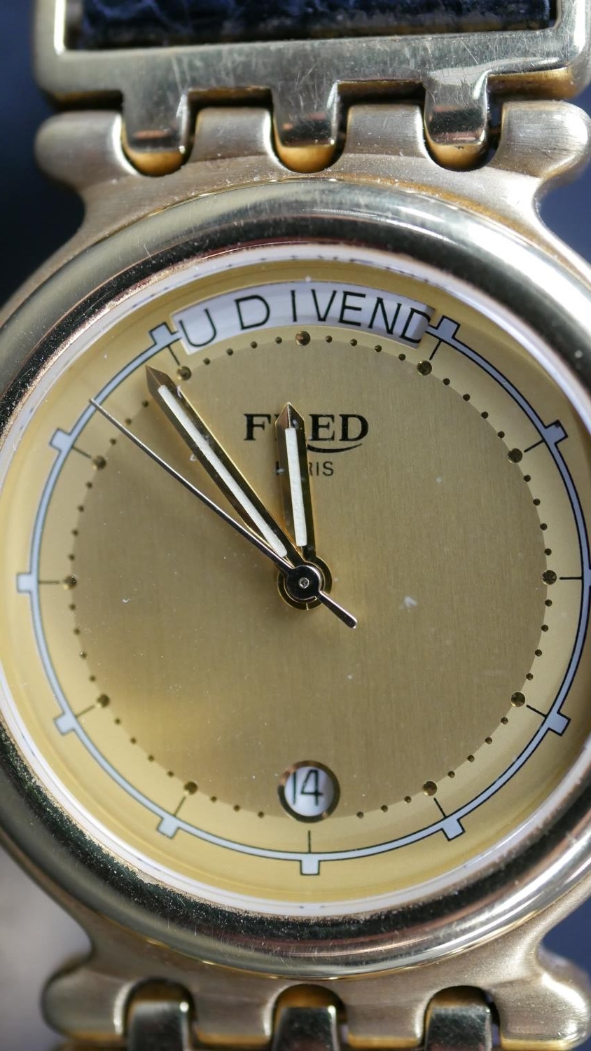 An 18 carat yellow gold ‘Tigresse’ watch, by Fred. Date and days of week aperture with leather - Image 2 of 8