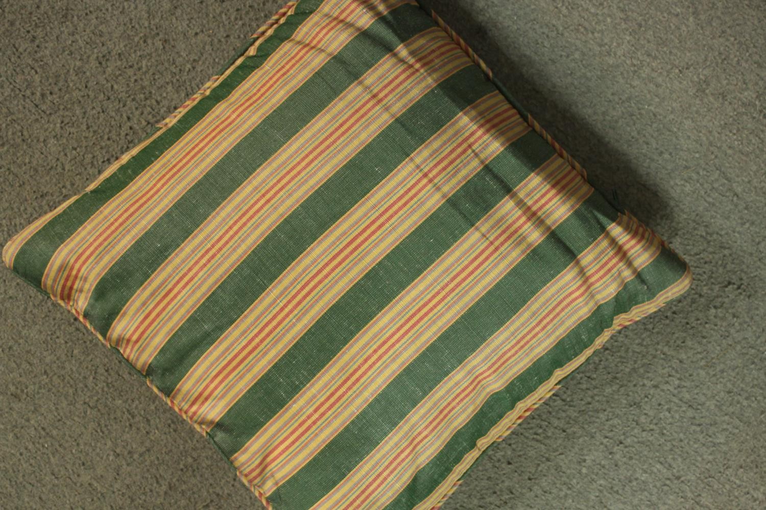 An oval footstool with striped fabric on turned legs, together with a cushion in matching fabric, - Image 6 of 7