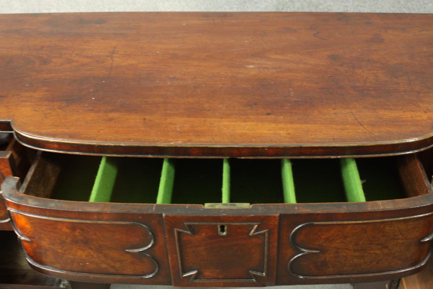 A Regency mahogany bow fronted pedestal sideboard, the central drawer fitted for cutlery, flanked by - Image 4 of 7