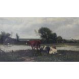 A gilt framed and glazed oil on canvas of cows by the river, signed A Van Damme and named to the