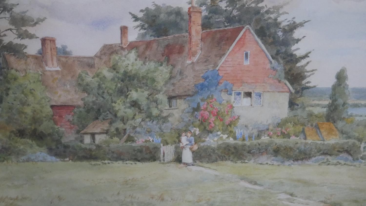 Thomas Nicholson Tyndale (British 1860-1930), mother and child with their cottage, watercolour,