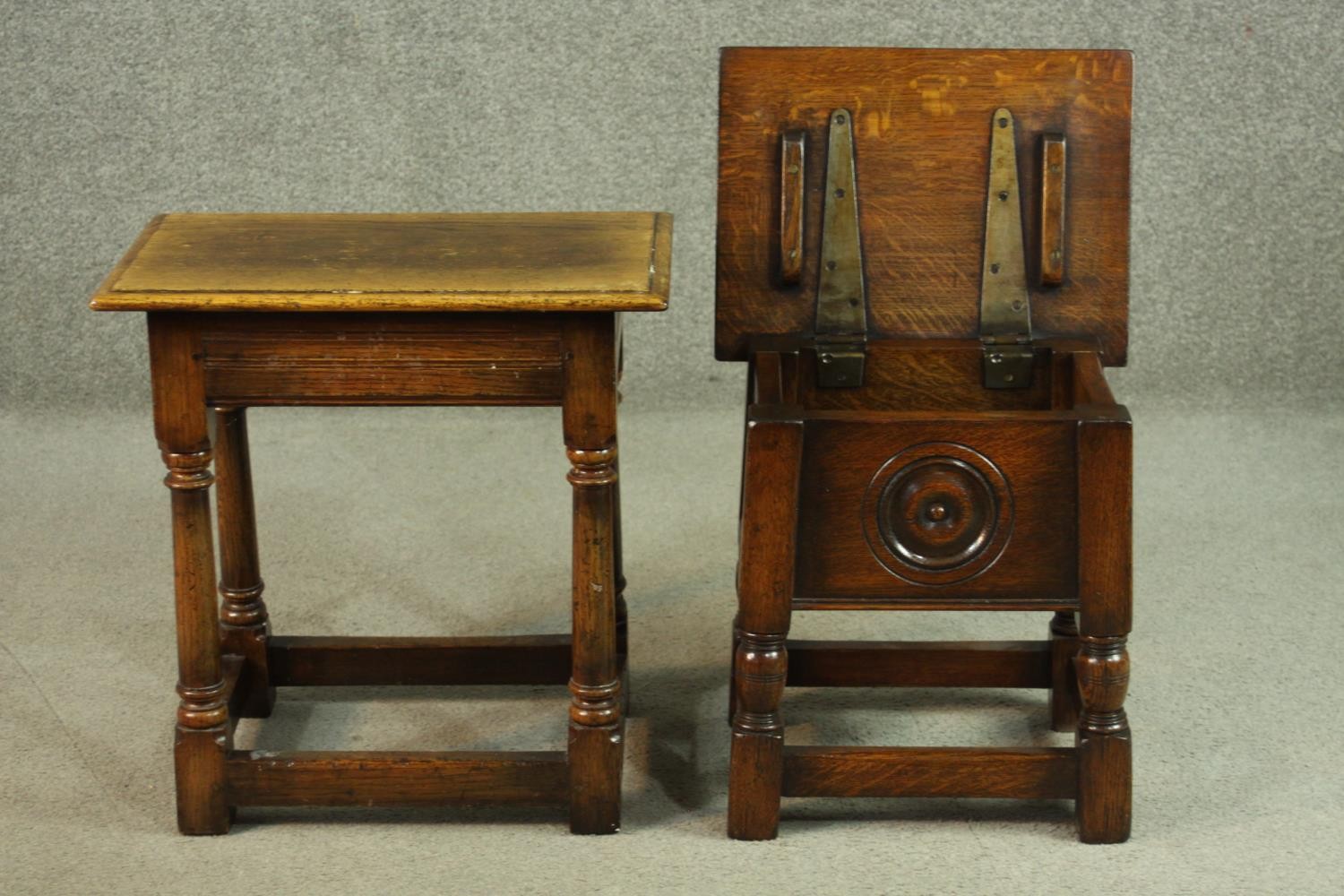 Two oak joint stools, 20th century, both rectangular, on turned legs with stretchers, one with a - Image 2 of 6