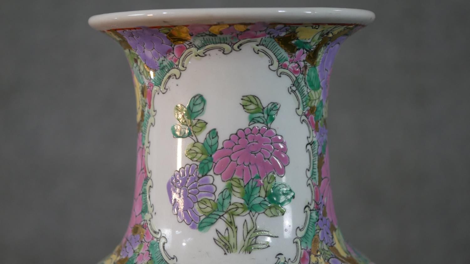 An large early 20th century Chinese Famille Rose hand painted vase, decorated with temple scenes and - Image 3 of 10