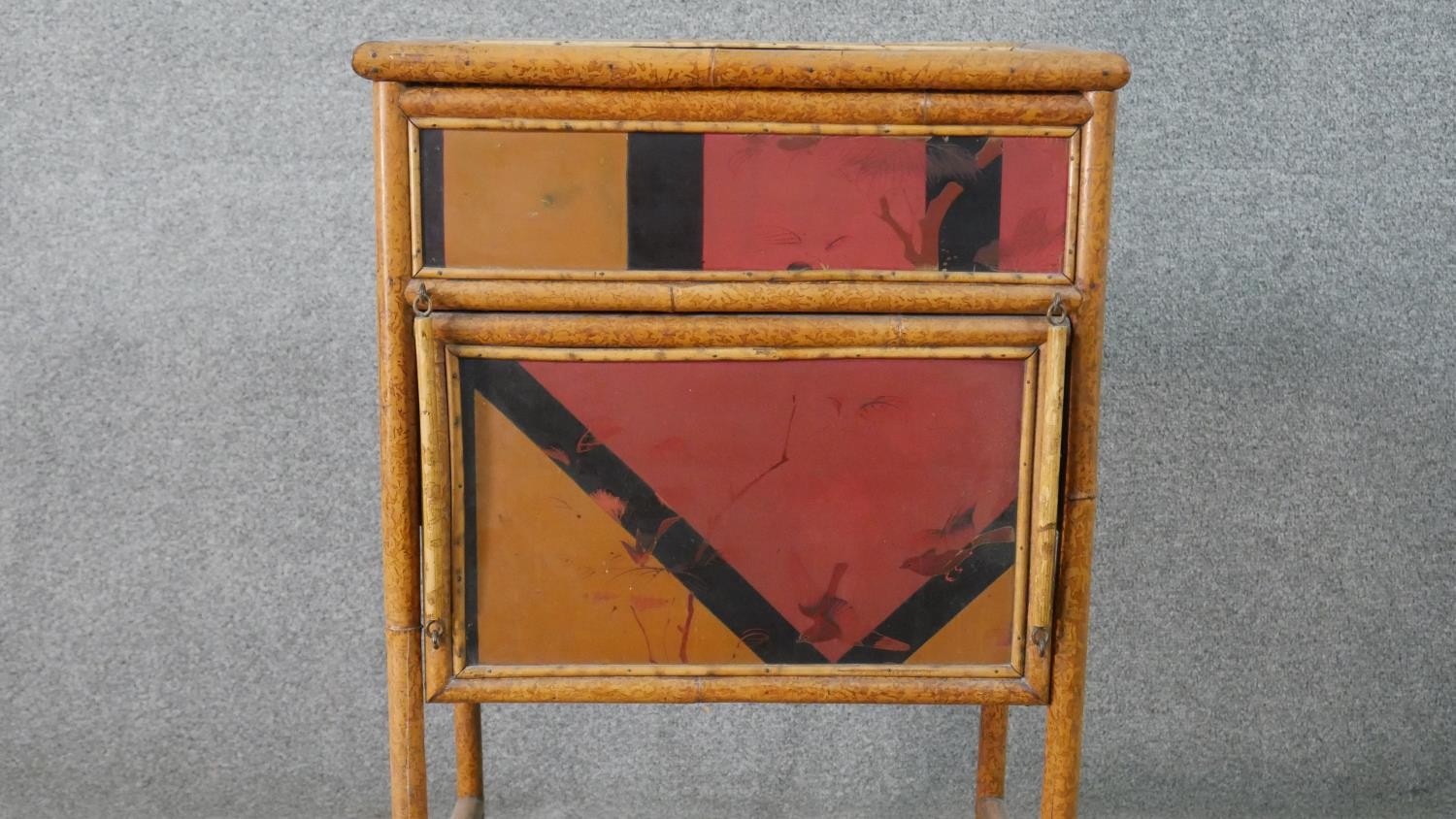 An Aesthetic Movement bamboo work table, with Japanese lacquered panels, the lid opening to reveal a - Image 9 of 11