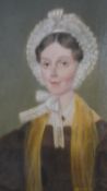 A 19th century gold painted framed oil on board of a lady in a lace bonnet. Unsigned. H.43 W.40cm