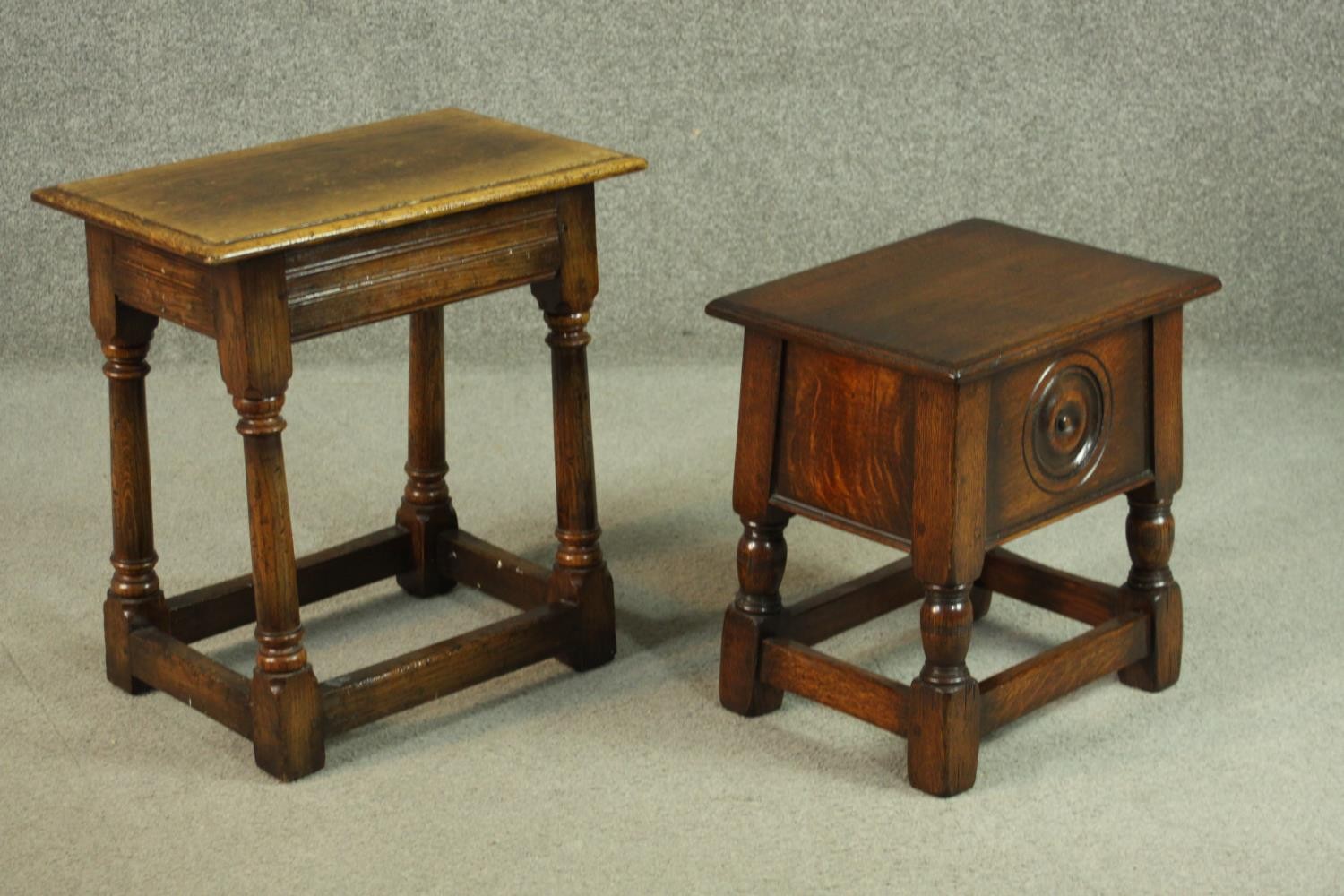 Two oak joint stools, 20th century, both rectangular, on turned legs with stretchers, one with a - Image 3 of 6