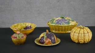 A collection of five early 20th century French Sarreguemines majolica ceramic fruit design jam pots,