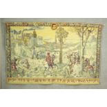 A machine woven tapestry, probably Belgian, depicting figures on horseback in front of a city. H.135