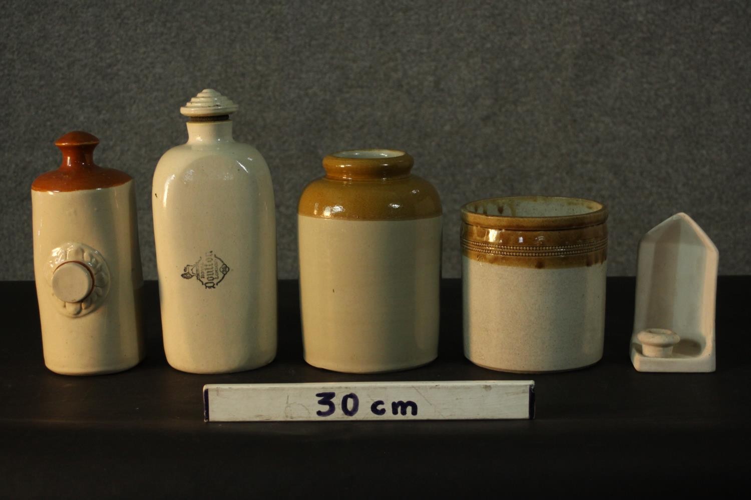 A collection of stoneware, including two Doulton Lambeth footwarmers, two food jars and a ceramic - Image 2 of 7