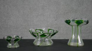 Attributed to Stuart and Sons, Stourbridge- three Green Peacock Eye/Cairngorm pattern vases, with