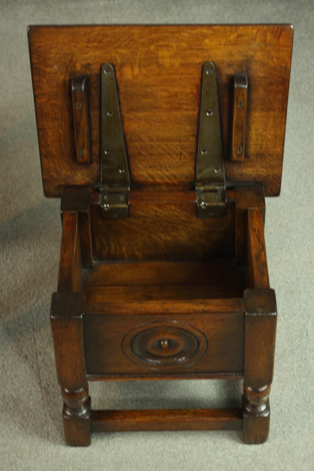 Two oak joint stools, 20th century, both rectangular, on turned legs with stretchers, one with a - Image 5 of 6