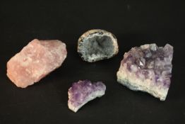A collection of geodes and crystals, including amethyst and rose quartz. H.8 W.a5 D.10cm (Largest)