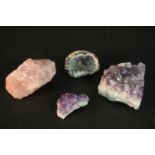 A collection of geodes and crystals, including amethyst and rose quartz. H.8 W.a5 D.10cm (Largest)