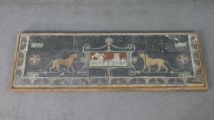 A framed set of loose Roman style mosaic tiles with classical frieze, depicting lions and putti. H.