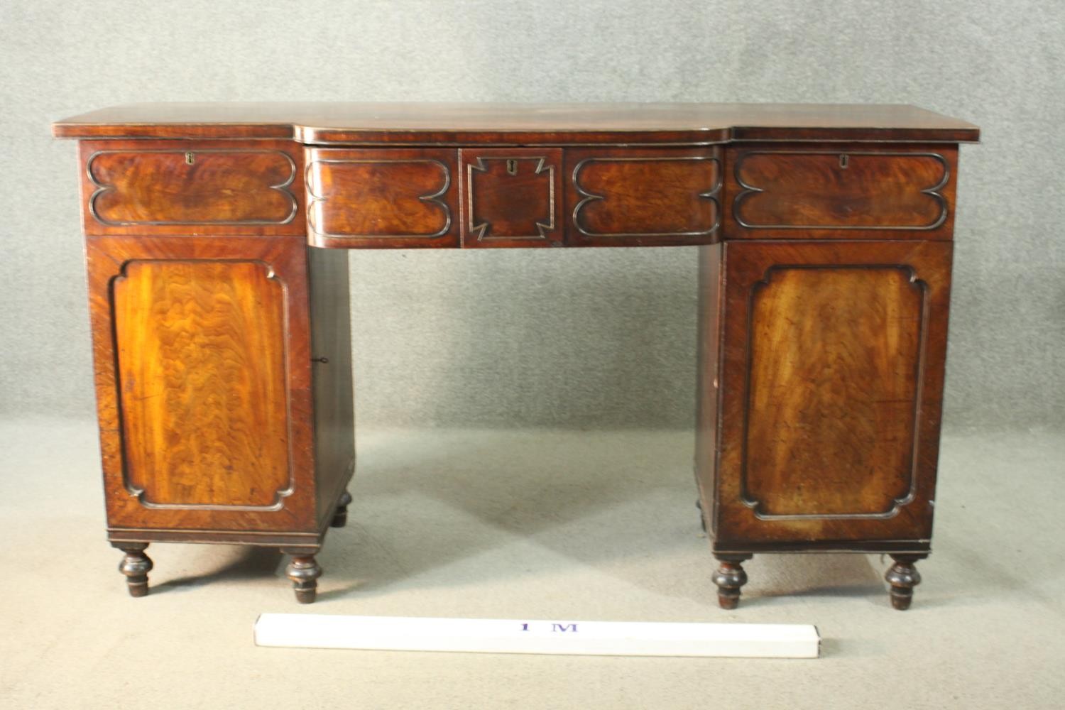 A Regency mahogany bow fronted pedestal sideboard, the central drawer fitted for cutlery, flanked by - Image 2 of 7