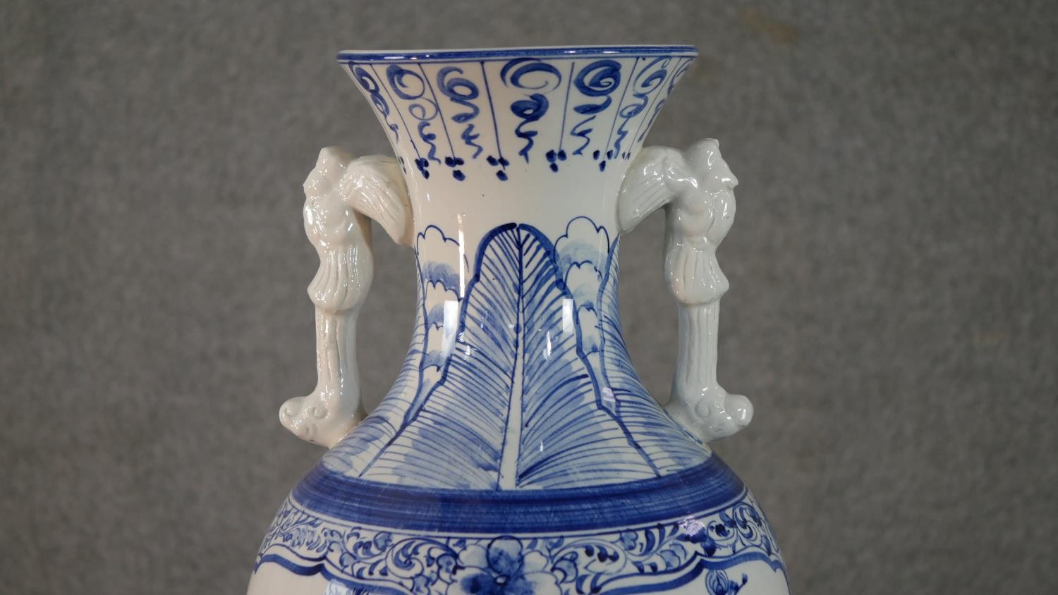 A large blue and white Chinese porcelain twin handled vase, one side decorated with a river scene - Image 3 of 9