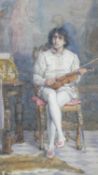 Maria Louisa Angus (British 1863-1934), seated violinist, watercolour, signed lower right, bearing
