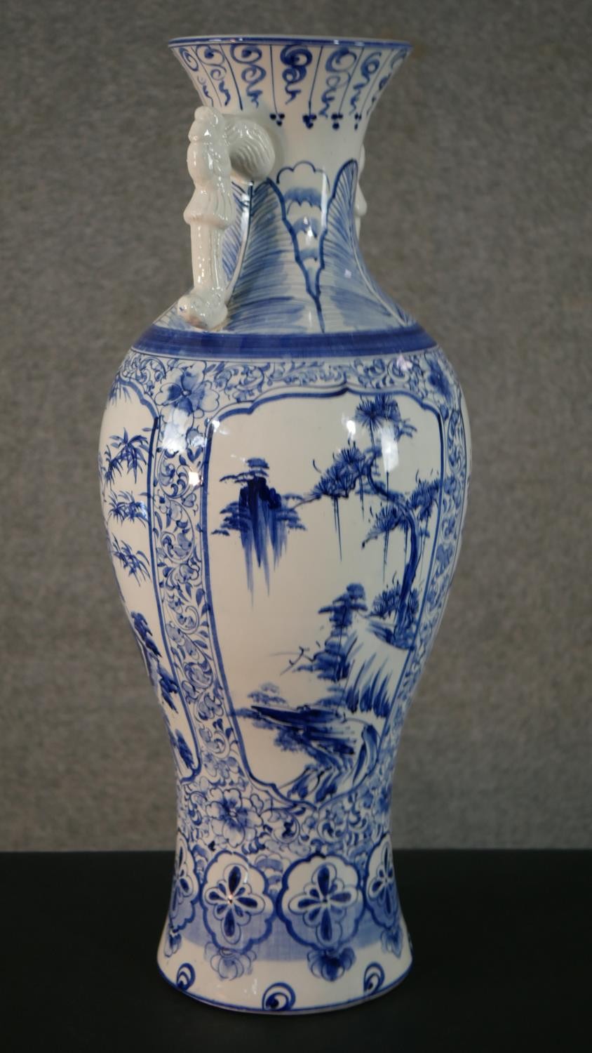 A large blue and white Chinese porcelain twin handled vase, one side decorated with a river scene - Image 2 of 9