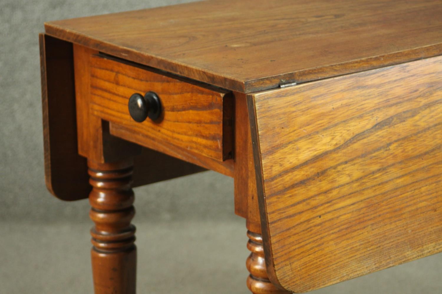 A Victorian Pembroke table, with drop leaves over an end drawer, on turned legs. H.70 W.44 D. - Image 3 of 7