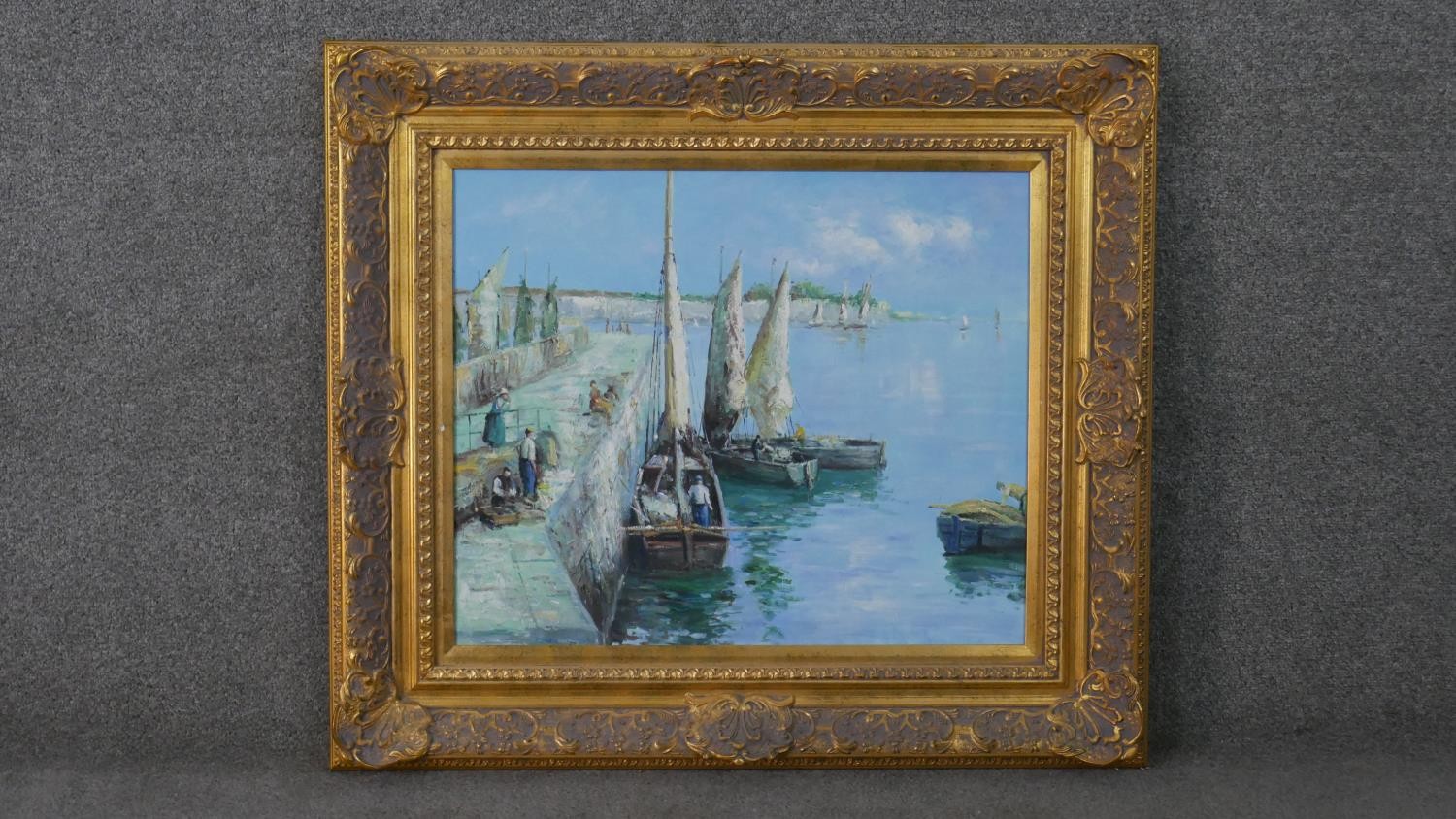 A gilded framed oil on canvas of fishing boats in the harbour. Unsigned. H.76 W.86cm - Image 2 of 8