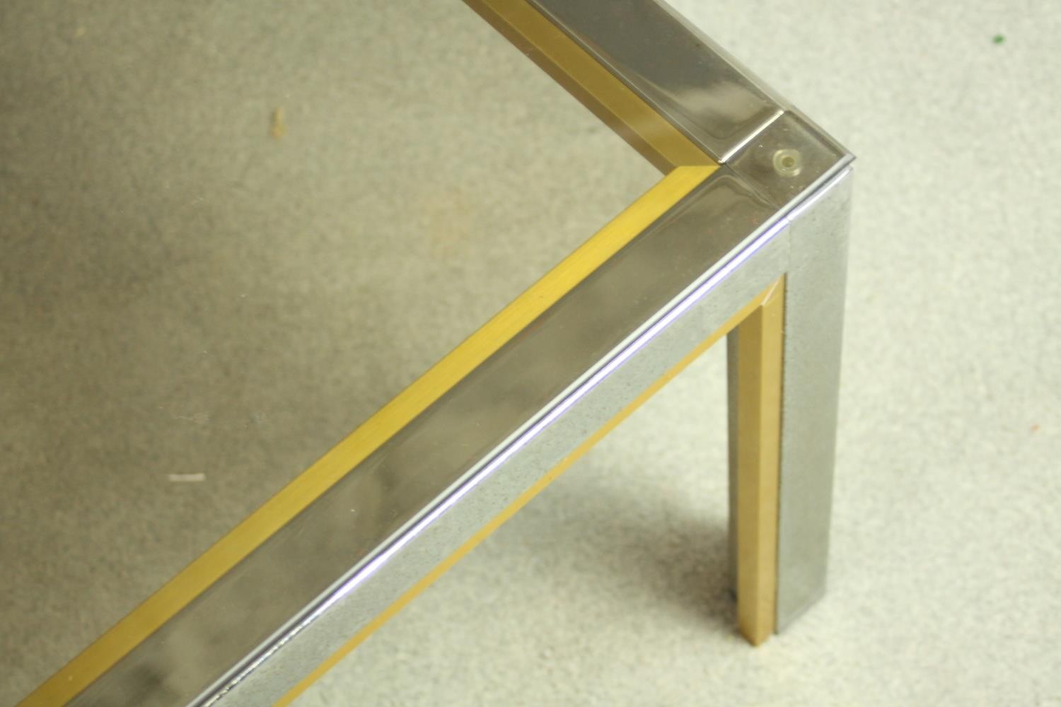 Manner of Janetti, a 1970's coffee table, with a tinted glass coffee top on a chrome and brass - Image 4 of 4