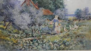 Emily Stannard (British 1875-1907), woman feeding ducks, watercolour, signed lower left. H.44 W.52cm