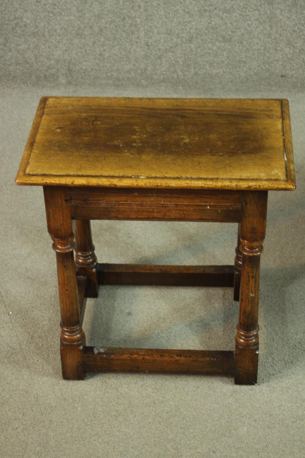 Two oak joint stools, 20th century, both rectangular, on turned legs with stretchers, one with a - Image 4 of 6