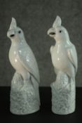 Two Chinese blanc de chine ceramic parrots on rocky bases. Impressed character mark to the base. H.