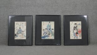 Three framed and glazed 19th century Japanese woodblock prints. H.59 W.47cm