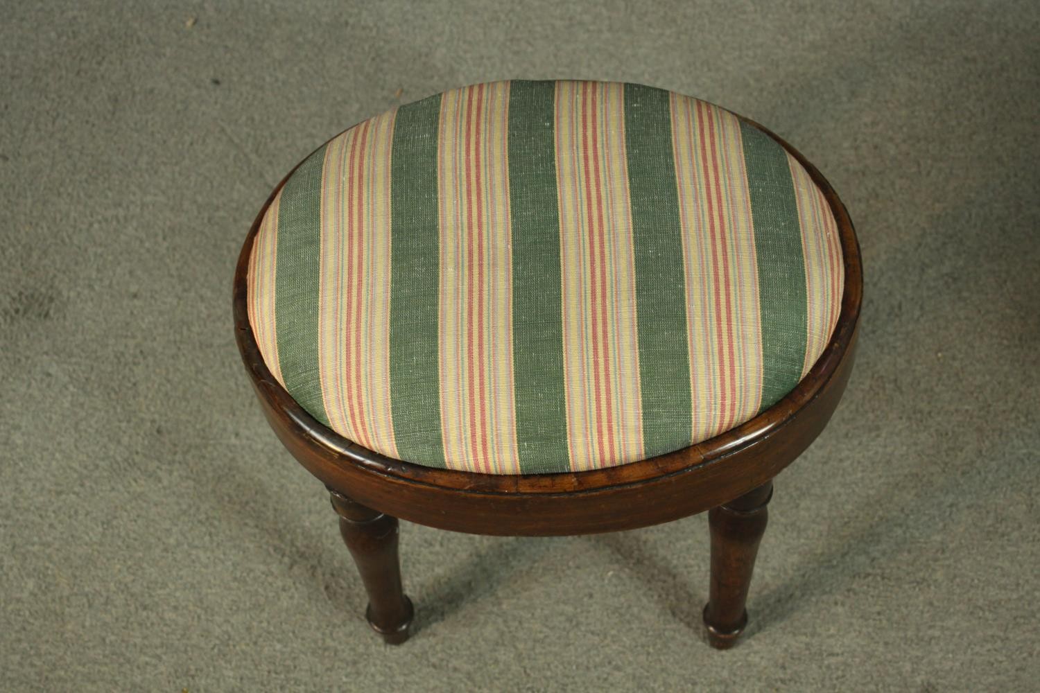 An oval footstool with striped fabric on turned legs, together with a cushion in matching fabric, - Image 3 of 7