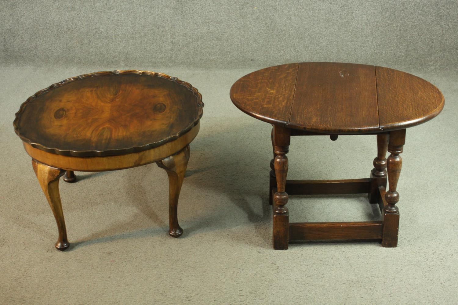 A 1930's figured walnut coffee table, with a circular pie crust top on cabriole legs, together - Image 2 of 7