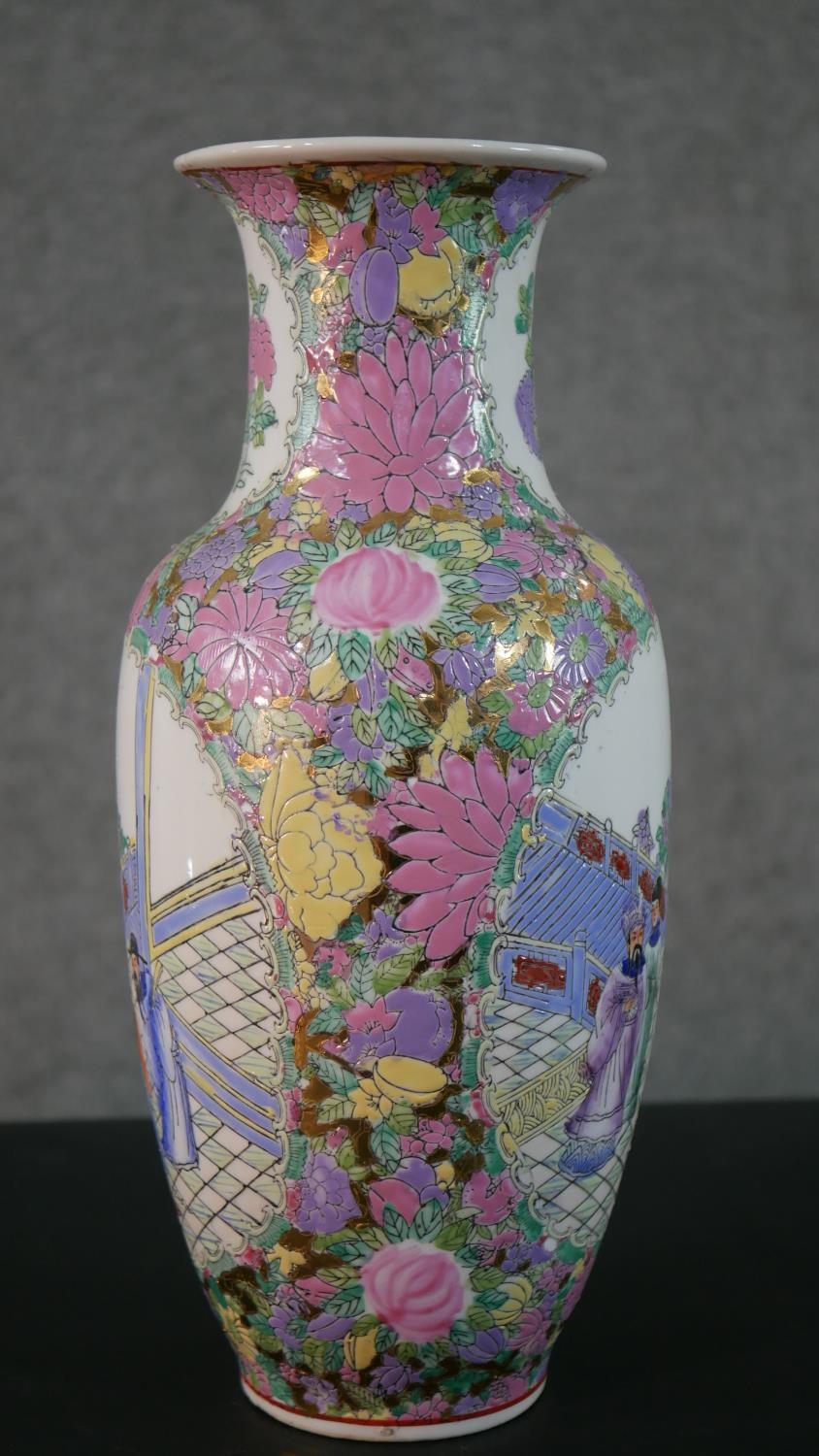 An large early 20th century Chinese Famille Rose hand painted vase, decorated with temple scenes and - Image 2 of 10