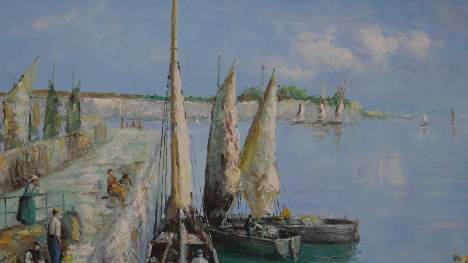 A gilded framed oil on canvas of fishing boats in the harbour. Unsigned. H.76 W.86cm - Image 3 of 8