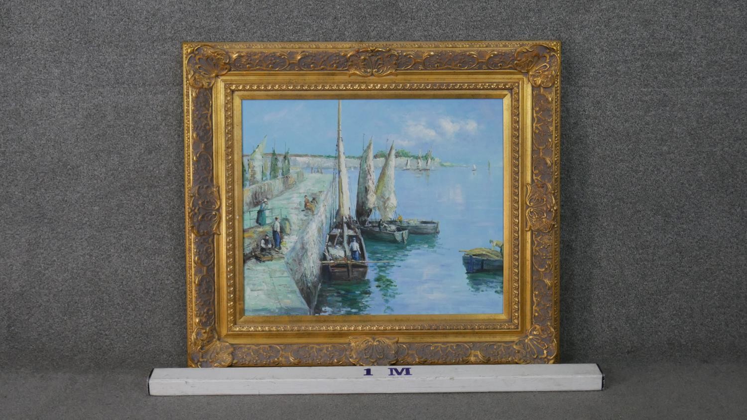 A gilded framed oil on canvas of fishing boats in the harbour. Unsigned. H.76 W.86cm - Image 8 of 8
