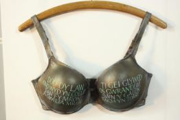 Elizabeth Forrest (British), acrylic paint and wood, Welsh text on a bra, hung by a hanger. H.54 W.