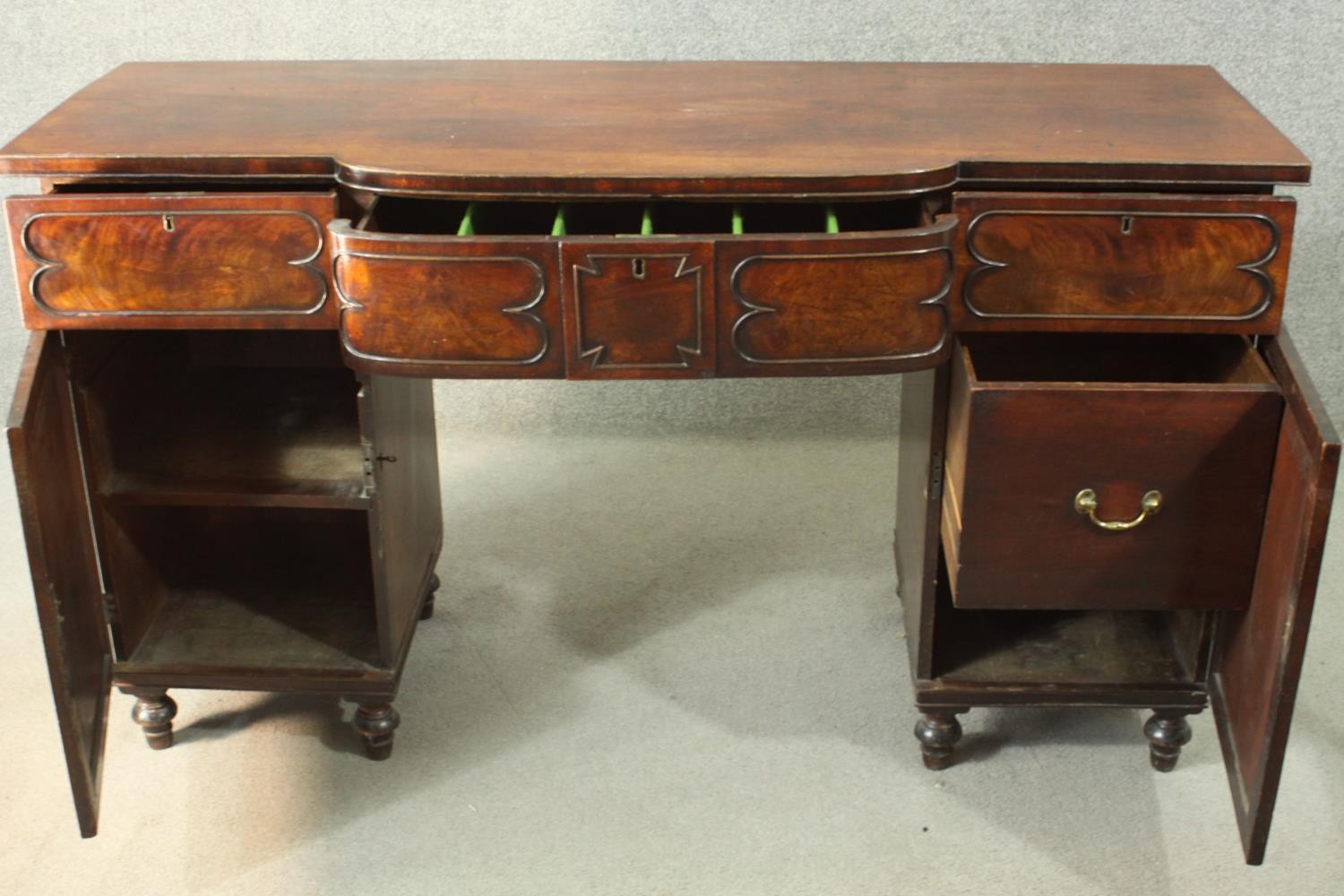 A Regency mahogany bow fronted pedestal sideboard, the central drawer fitted for cutlery, flanked by - Image 3 of 7
